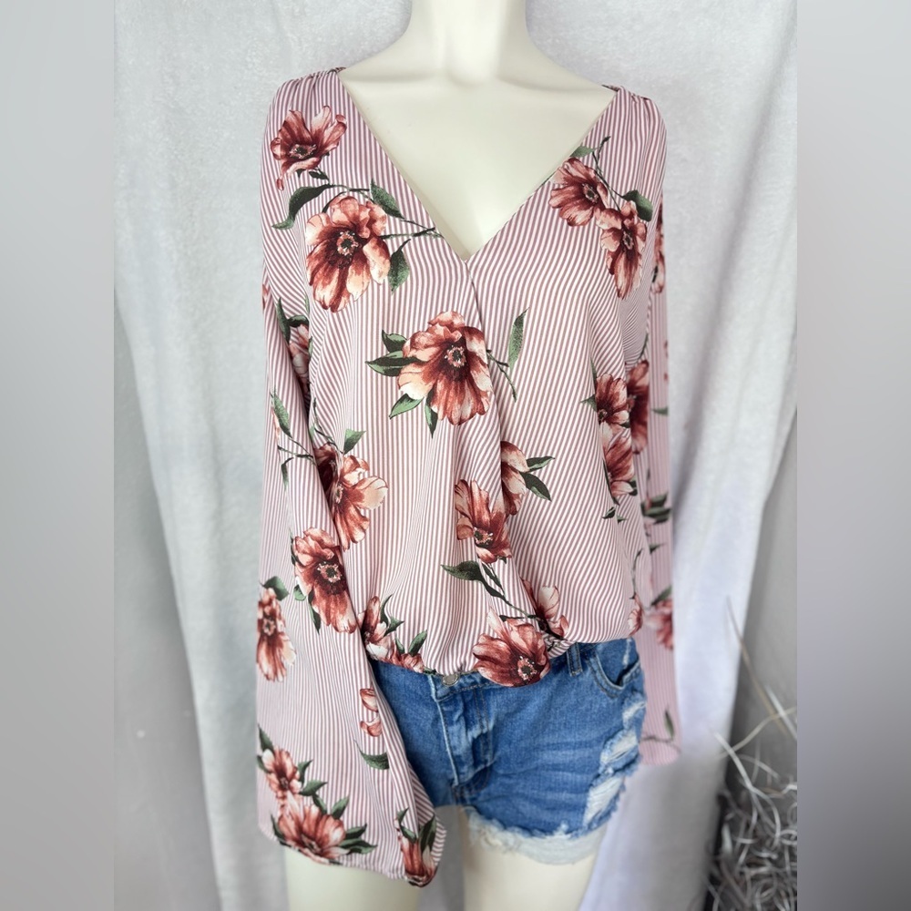Floral Blouse Striped Surplice Long Sleeve Flowy Top Lightweight  Size S